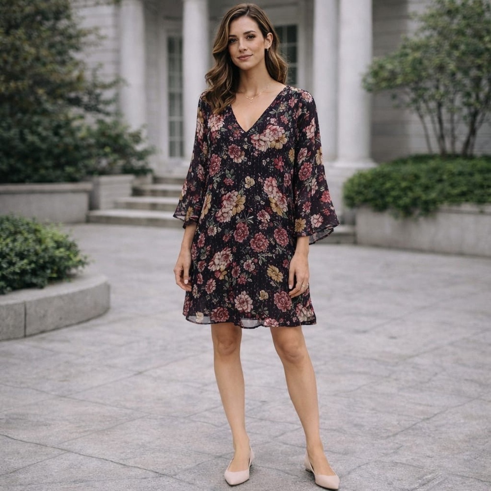 EVERLY Plum Purple Hippie Boho Floral Gold Metallic Mini Tunic Dress/Top SMALL